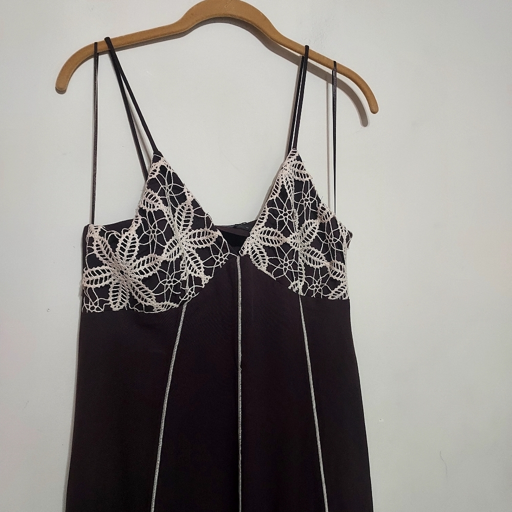 Zara Chocolate Brown Lace Trim Embroidered Strappy Long Dress - Picture 8 of 11